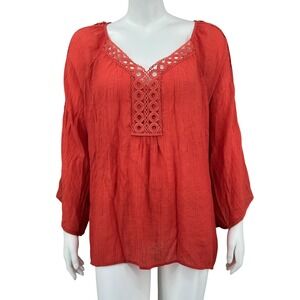 Zac‎ & Rachel Top Womens 2X Rust Orange Sheer Crochet Boho Peasant Summer Beachy